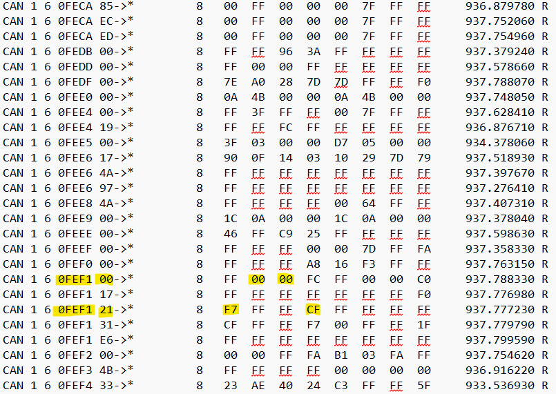 Live CAN trace output showing FEF1 signals